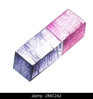 Gomme d'école pour effacer un crayon sur un fond blanc. Aquarelle dessinée à la main de retour à l'école. Illustration de la conception de l'emballage, des arrière-plans, des étiquettes Banque D'Images