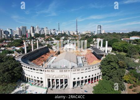 SAO PAULO, BRÉSIL : 23 juin 2023 : vue aérienne du stade Pacaembu Banque D'Images