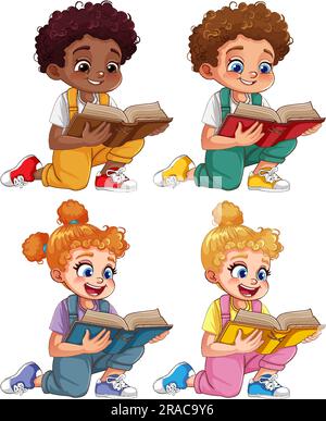 Ensemble de garçon et de fille avec des cheveux bouclés dans différentes couleurs de peau lecture d'un livre illustration Illustration de Vecteur