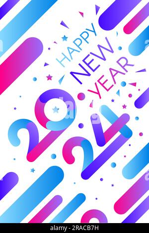 Affiche verticale Happy 2024 New Year A4 Holiday Night Party en dégradés rose bleu avec 2024 et inscription Happy New Year sur fond blanc. Modèle pour Illustration de Vecteur