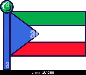 Drapeau de la république de guinée équatoriale sur le vecteur de flagpole. Tricolore horizontal de vert, blanc et rouge avec triangle isoscelles bleu, blason national Illustration de Vecteur