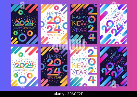 Ensemble d'affiches modernes verticales Happy 2024 nouvel an A4 en couleurs dégradées avec 2024 et inscription Happy New year. Collection de modèles pour pri Illustration de Vecteur