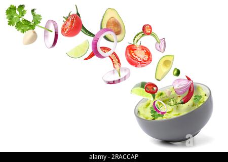 Délicieux guacamole avec des ingrédients volants sur fond blanc Banque D'Images