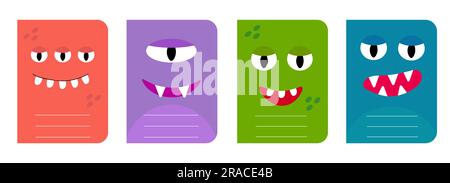 Conception mignonne de couverture de monstre d'enfants pour les cahiers, les planificateurs, les brochures, les livres pour enfants. Illustration imprimable de dessin animé plat vectoriel Illustration de Vecteur