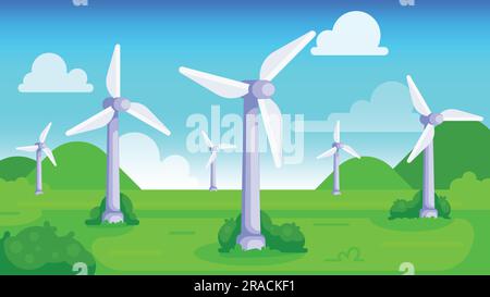 Éoliennes sur champ vert avec ciel bleu. Concept d'énergie verte renouvelable durable. illustration vectorielle de style plat Illustration de Vecteur