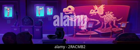 Squelette de dinosaure fossile dans l'histoire de nuit musée illustration de la bande dessinée. Exposition Jurassic dino bone et Rex Footprint sur le piédestal de la galerie. Tricératops et tyrannosaurus découverte préhistorique Illustration de Vecteur