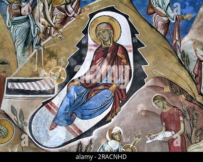 Les fresques de la Nativité orthodoxe - byzantine - la Panagia tou Araka, ou Arakos (Chypre) avec le premier bain de Jésus Banque D'Images