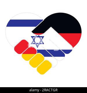 Symbole de poignée de main aux couleurs des drapeaux nationaux de l'Allemagne et d'Israël, formant un cœur. Illustration de Vecteur