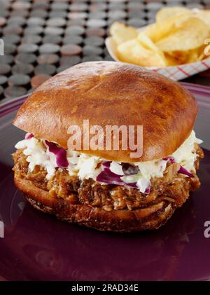 Barbecue de porc tiré et de coleslaw sur le rouleau de ciabatta Banque D'Images