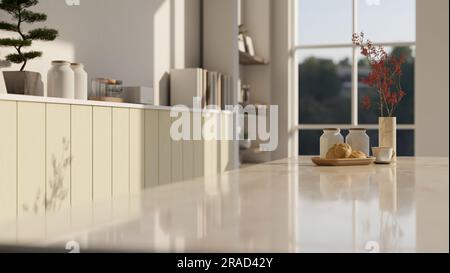 Vue rapprochée d'un espace vide sur un plan d'examen de cuisine en marbre blanc de luxe dans une cuisine moderne et lumineuse. 3d rendu, 3d illustration Banque D'Images