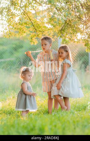 trois petits enfants soufflent des bulles de savon en été au coucher du soleil dans un parc près d'un arbre, espace pour le texte. Photo de haute qualité Banque D'Images