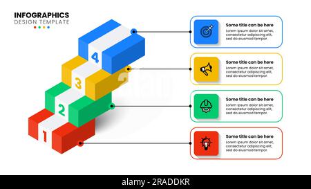 Modèle d'infographie avec icônes et 4 options ou étapes. Escaliers isométriques. Peut être utilisé pour la mise en page de flux de travail, le diagramme, la bannière, la conception Web. Illustrateur vectoriel Illustration de Vecteur