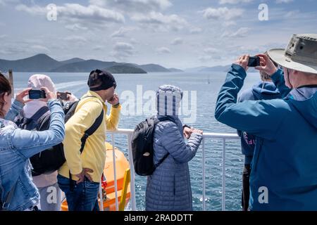 Vue imprenable sur Queen Charlotte Sound (Tōtaranu) de Wellington à Picton Cook Strait Ferry traversée de l'île du Nord à l'île du Sud, Nouvelle-Zélande Banque D'Images