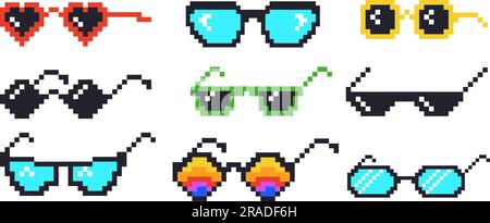 Lunettes pixel. Caricature 8 bits lunettes de soleil, thoug vie mafia meme prank drôle noir lunettes hipster pour gangster rapper ou boss, jeu blague émoticon, dessin vectoriel soigné de lunettes pixel Illustration de Vecteur