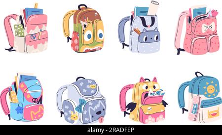 Sacs d'écoliers et sacs à dos. Sacs à dos ouverts colorés avec équipement d'école de papeterie, sac pour enfants pour l'étude des accessoires livre d'or de manuel, sac à dos sur la fermeture à glissière classieux illustration de vecteur de sac à l'éducation Illustration de Vecteur