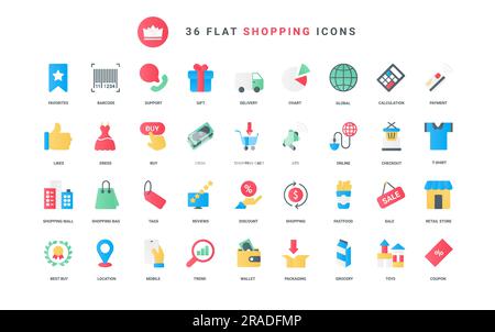 Sac et panier pour faire des achats sur les ventes, les technologies de revue et de publicité, les rabais et le coupon à acheter, le paiement d'argent. Affaires en ligne, magasin de détail tendance plat icônes ensemble illustration vectorielle Illustration de Vecteur