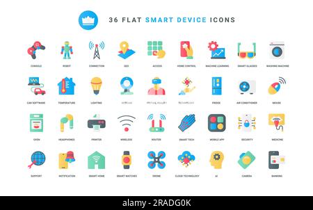 Appareils électriques, éclairage et technologie moderne de maison intelligente, apprentissage machine du cerveau d'IA numérique, contrôle des drones et des robots. Smart Devices icônes plates tendance définir l'illustration vectorielle Illustration de Vecteur