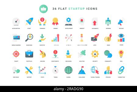 Analyse de solution réussie, investissement dans l'idée créative, marketing de produit en ligne et organisation d'entreprise. Technologie de démarrage, développement de projet tendance plat icônes définir illustration vectorielle Illustration de Vecteur