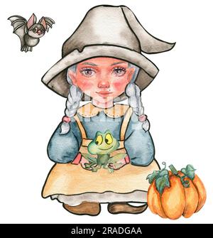 Petite sorcière dans la composition de chapeau. Illustration aquarelle dessinée à la main. Peut être utilisé pour la fête d'halloween ou les affiches. Banque D'Images