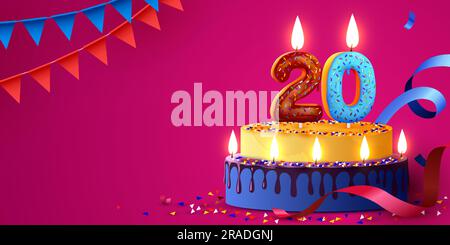 20 ans. Gâteau aux bougies et confettis. Bannière d'anniversaire. Illustration vectorielle Illustration de Vecteur