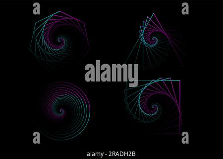 Jeu de spirales de couleur torsadée. Géométrie sacrée. Tunnel avec des lignes sous forme de triangle, carré, cercle et heptagon. Vecteur géométrique fractal Illustration de Vecteur