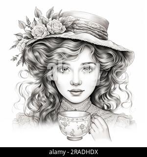 Femme élégante dessinée à la main avec une tasse avec une boisson chaude et apprécie le délicieux arôme de la vapeur. Page à motifs pour livre à colorier. Isolé sur blanc Banque D'Images