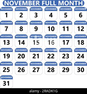 Mettez en place le calendrier de novembre complet à motif plat bleu Illustration de Vecteur