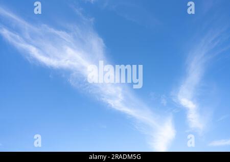 Ciel bleu et blanc cirrocumulus nuages texture arrière-plan. Ciel bleu le jour ensoleillé. Ciel d'été. Formation de nuages. Des nuages moelleux. Beau temps en été Banque D'Images
