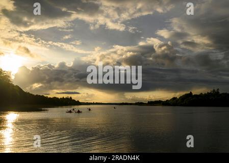 Soirée d'été avec des kayakistes sur Errit Lough, comté de Roscommon, Irlande Banque D'Images