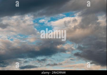 Belle soirée ciel nuageux avec des hirondelles vertigineuses sur fond de nuages. Les nuages Cumulus et les écarts du ciel bleu clair. Banque D'Images
