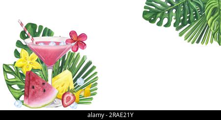 Bannière rose cocktail verre frais juteux ou alcoolique Cosmopolitan. Fraise, citron. Feuilles tropicales Licuala. Illustration aquarelle dessinée à la main isola Banque D'Images