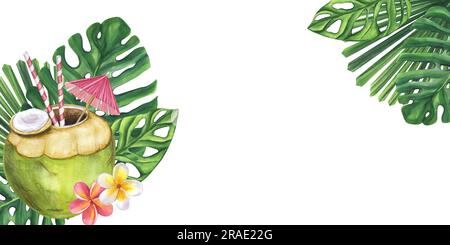 Bannière cocktail vert noix de coco paille parapluie boisson de plage. Feuilles de Monstera, fleurs de frangipani. Illustration aquarelle dessinée à la main isolée sur une bande blanche Banque D'Images