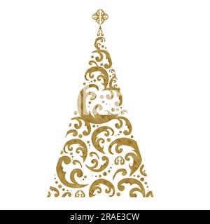 Aquarelle dessinée à la main décoration stylisée arbre de noël à la texture dorée. Se compose de motifs dorés. Deux options : sur fond blanc et transparent Banque D'Images