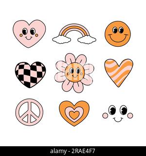 Ensemble vectoriel de différents éléments rétro groovy isolés sur fond blanc Illustration de Vecteur