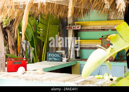 Comptoir de location de surf ensoleillé sur la plage avec radio et panneaux à la plage et à la piscine Banque D'Images