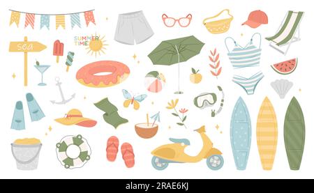 Collection d'éléments de plage d'été. Illustration de Vecteur