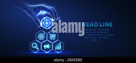 Les icônes de contenu ai sur les hexagones ont fait une pyramide et la main tient l'élément supérieur. Transformation numérique, générateur de données automatique, contenu d'IA de site Web Illustration de Vecteur