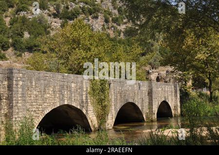Pont en pierre construit au-dessus de la rivière Louros à Epirus Grèce en été Banque D'Images