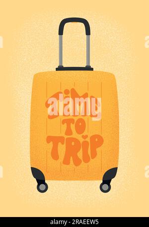 Temps de voyage inspiration citations sur la valise jaune. Motivation pour la typographie des affiches de voyage. Illustration de Vecteur