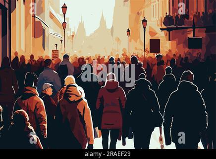 Une foule stylisée de gens silhouettes de piétons dans la rue en plein soleil Illustration de Vecteur