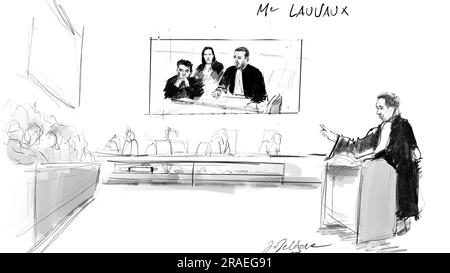 Ce dessin de Jonathan de Cesare montre l'avocat Fabian Lavaux au cours d'une session du procès des attentats de 22 mars 2016, au tribunal d'assises de Bruxelles-capitale, le lundi 03 juillet 2023, sur le site de Justitia à Haren, Bruxelles. Sur 22 mars 2016, 32 personnes ont été tuées et 324 ont été blessées lors d'attentats suicide à l'aéroport national de Zaventem et à la station de métro Maalbeek/Maelbeek, qui ont été revendiqués par l'ISIL. BELGA PHOTO JONATHAN DE CESARE Banque D'Images