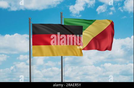 République du Congo ou Congo-Brazzaville et drapeau de l'Allemagne agitant ensemble dans le vent sur ciel bleu, deux concept de coopération de pays Banque D'Images