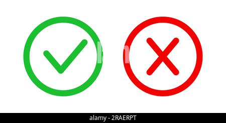 Faux et coche droite. Coche de l'icône de la lettre de dessin à la main dans le cadre rond oui et x. signe rouge et vert isolé sur fond blanc. Case à cocher Illustration de Vecteur