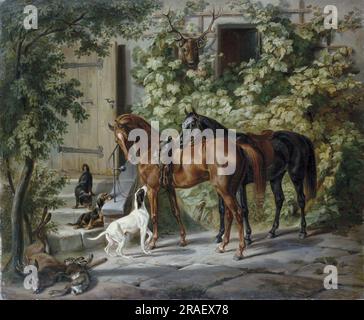 Chevaux au porche 1843 par Albrecht Adam Banque D'Images