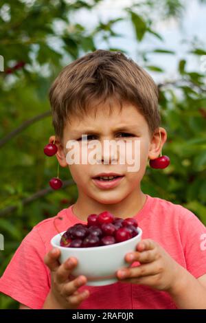 garçon d'âge préscolaire cueillant et mangeant des cerises rouges mûres de l'arbre dans le jardin de la maison. gros plan Portrait d'enfant heureux avec assiette de cerises en arrière-plan de c Banque D'Images