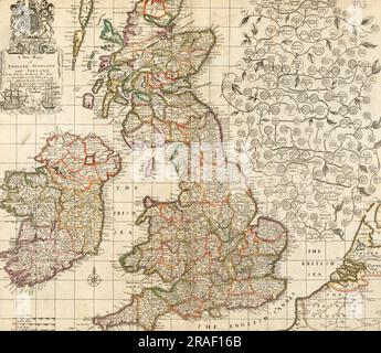 Une nouvelle carte de l'Angleterre, de l'Écosse et de l'Irlande, cette carte illustre la Grande-Bretagne de la fin du 17th siècle, montrant les nombreuses villes. Un arbre généalogique royal décrit chacun des héritiers du trône d'après William le Conquérant, historique, restauré numériquement reproduction d'un 19th siècle original / Eine neue Landkarte von England, Schottland und Irland, Diese Karte veranschaulicht das Großbritannien des späten 17. Betrieben, und Betrieben die zahlreichen Städte. Ein königlicher Stammbaum beschreibt die einzelnen Thronfolger nach Wilhelm dem Eroberer, Historisch, digital restaurierte Reproduktion von einer Vorl Banque D'Images