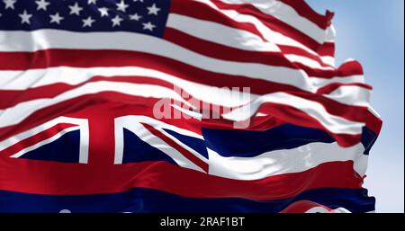 Drapeau de l'État d'Hawaï agitant avec le drapeau national des États-Unis d'Amérique un jour clair. 3d rendu d'illustration. Tissu de fluttering. Sélectif f Banque D'Images