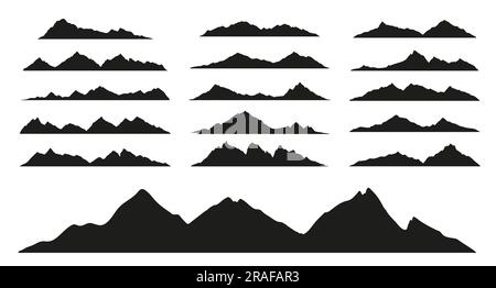 Gamme de montagnes silhouettes noires de formes de paysage rocheux, de collines vectorielles et d'icônes de pic de roche. Rochers de montagne ou silhouette de la chaîne de montage du canyon pour la randonnée, le tourisme de camping ou l'escalade et le voyage Illustration de Vecteur