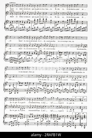 Partitions de musique. Habanera prise de 'Viaje redondo', zarzuela. Mots de D Redino Escalera et Frederico Casademunt, musique d'Ignacio Massaguer. Île des Philippines. Indonésie. Voyage aux Philippines et en Malaisie par M. J. Montano 1879-1881. Ancienne gravure du 19th siècle du Tour du monde 1906 Banque D'Images