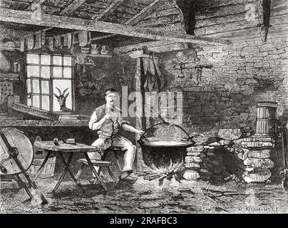 Intérieur d'une Fromagerie française traditionnelle, Metzeral, Alsace-Lorraine, France, Europe. En Alsace et Lorraine par Charles Grad 1884. Ancienne gravure du 19th siècle du Tour du monde 1906 Banque D'Images